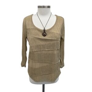 Roz & Ali Womens M Gold Metallic Layered Scoop Neck 3/4 Sleeve Shimmer Blouse
